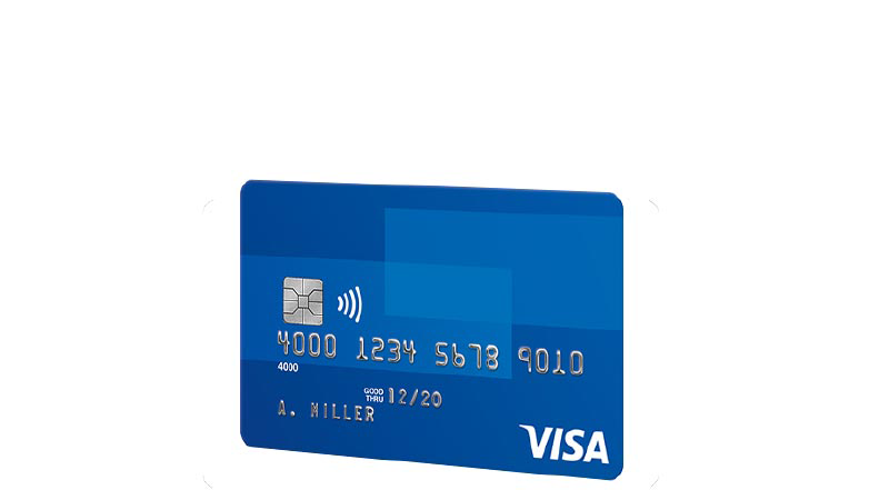 A Visa contactless card featuring a wave symbol for tap-to-pay transactions.