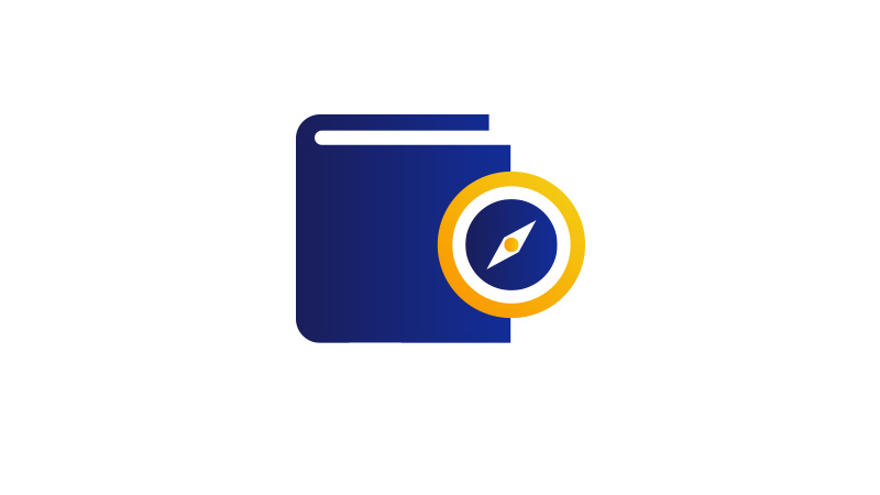 Illustration of a book partially overlapped by a compass in a circle.