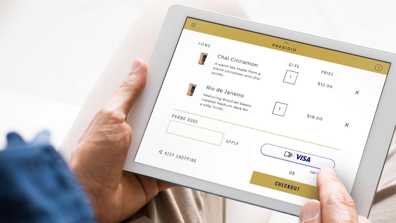 A person uses an iPad to make a secure online payment with Visa credit card, ensuring a safe and convenient checkout process. 